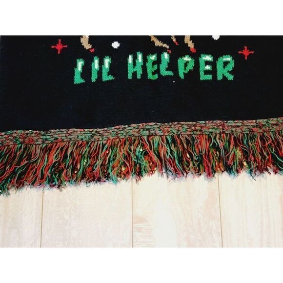 Ugly Christmas Sweater M Rudolph Santa's Little Helper Fringe Blk/Red - Picture 4 of 6